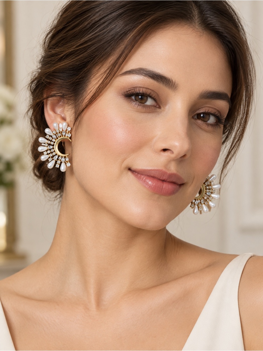 Vakko Special Gold Tone Pearl & Crystal Crescent Statement Earrings